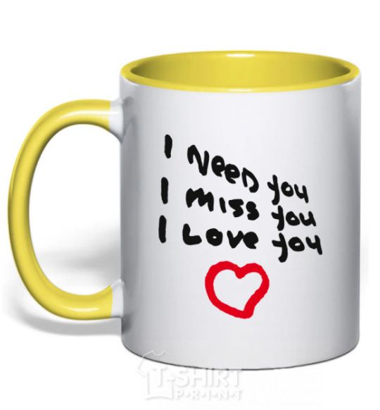 Mug with a colored handle NEED. MISS. LOVE yellow фото