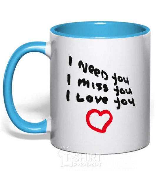 Mug with a colored handle NEED. MISS. LOVE sky-blue фото