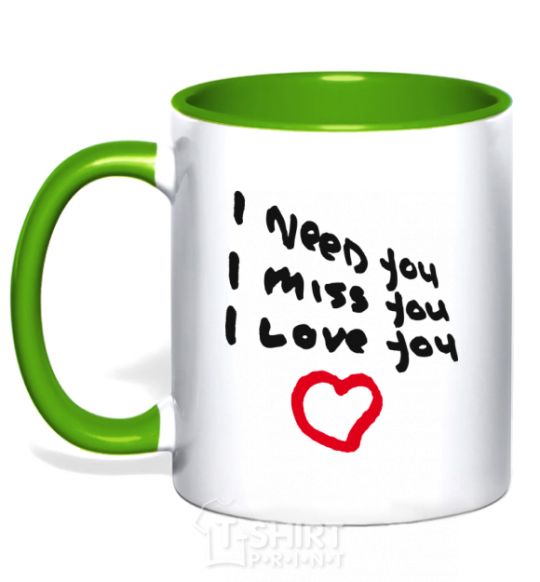 Mug with a colored handle NEED. MISS. LOVE kelly-green фото