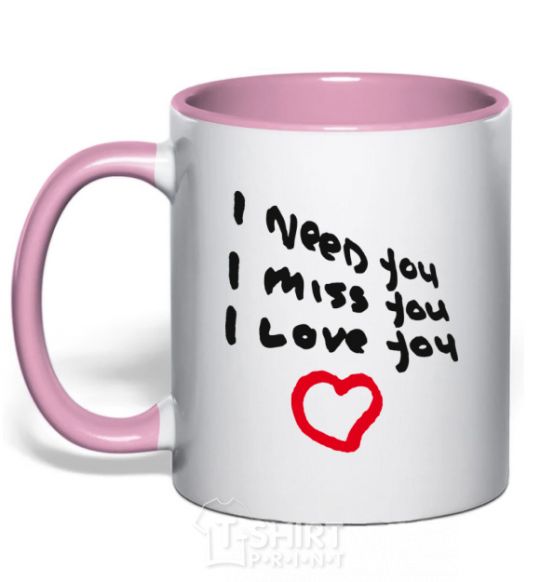 Mug with a colored handle NEED. MISS. LOVE light-pink фото
