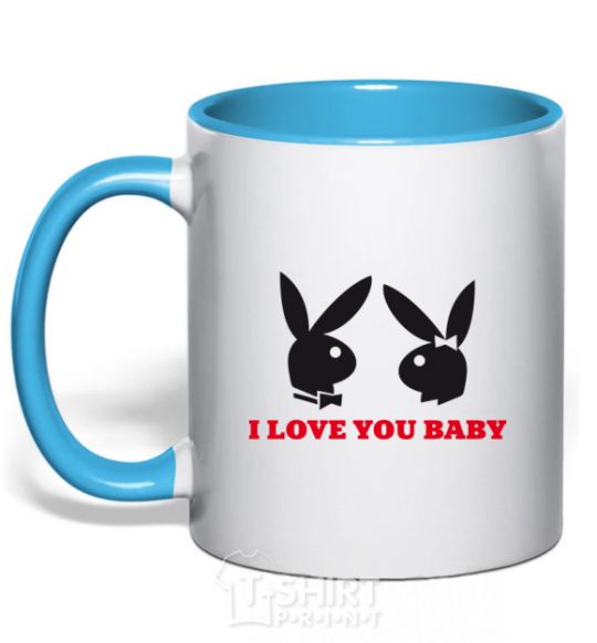 Mug with a colored handle I LOVE YOU BABY. PLAYBOY sky-blue фото