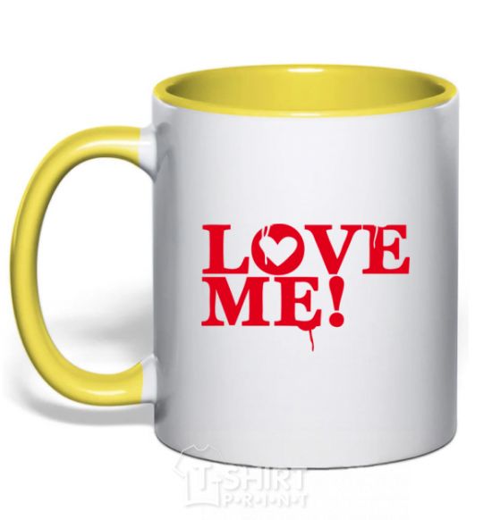 Mug with a colored handle The inscription LOVE ME! yellow фото