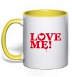 Mug with a colored handle The inscription LOVE ME! yellow фото