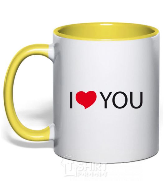 Mug with a colored handle I LOVE YOU inscription yellow фото