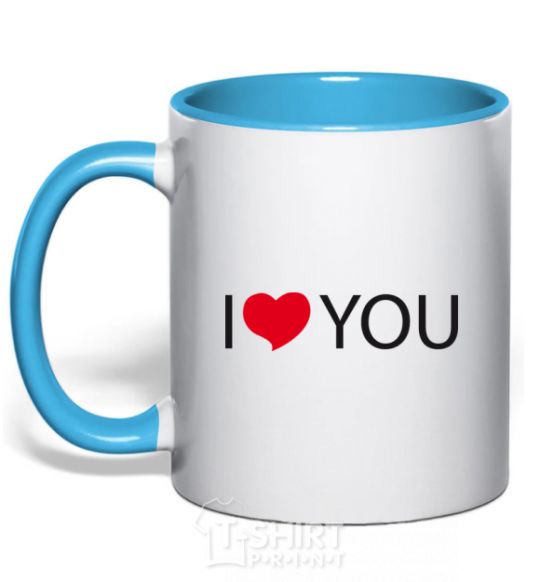 Mug with a colored handle I LOVE YOU inscription sky-blue фото