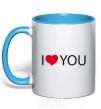 Mug with a colored handle I LOVE YOU inscription sky-blue фото