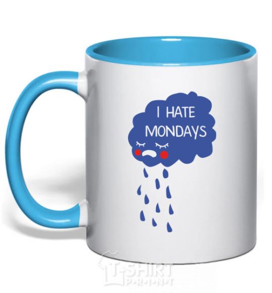 Mug with a colored handle I HATE MONDAYS sky-blue фото