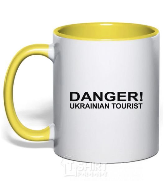 Mug with a colored handle DANGER! UKRAINIAN TOURIST yellow фото
