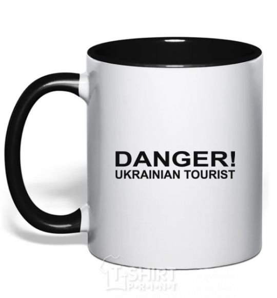 Mug with a colored handle DANGER! UKRAINIAN TOURIST black фото