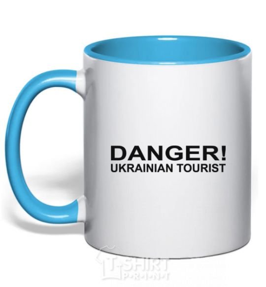 Mug with a colored handle DANGER! UKRAINIAN TOURIST sky-blue фото