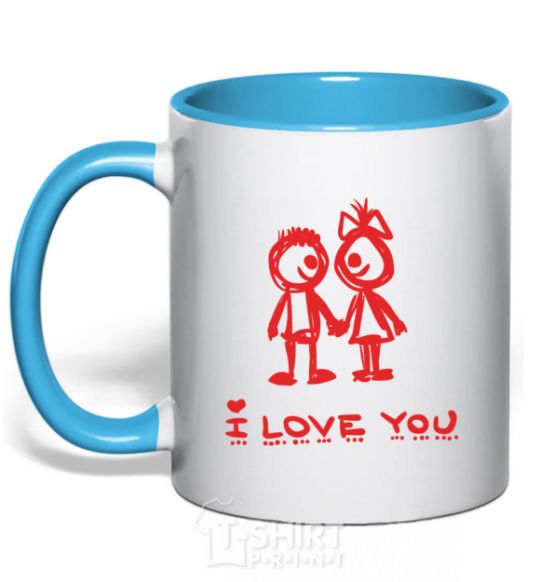 Mug with a colored handle I LOVE YOU. RED COUPLE. sky-blue фото