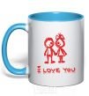 Mug with a colored handle I LOVE YOU. RED COUPLE. sky-blue фото