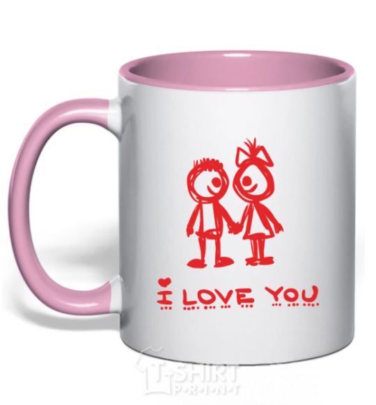 Mug with a colored handle I LOVE YOU. RED COUPLE. light-pink фото
