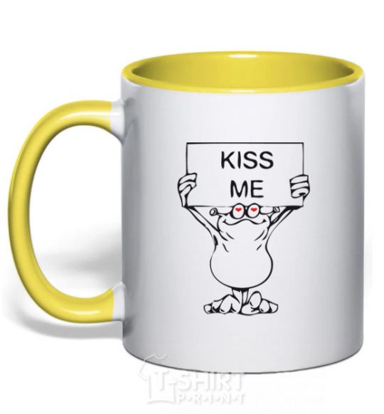 Mug with a colored handle KISS ME yellow фото