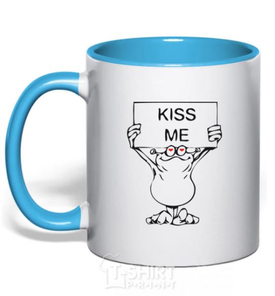 Mug with a colored handle KISS ME sky-blue фото