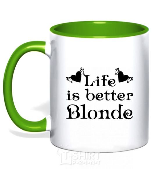 Mug with a colored handle LIFE IS BETTER. BLONDE kelly-green фото