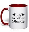 Mug with a colored handle LIFE IS BETTER. BLONDE red фото