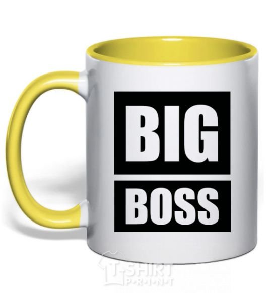 Mug with a colored handle BIG BOSS inscription yellow фото