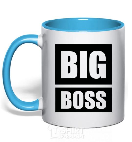 Mug with a colored handle BIG BOSS inscription sky-blue фото