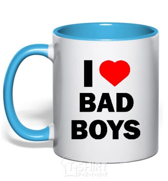 Mug with a colored handle I LOVE BAD BOYS sky-blue фото