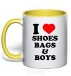 Mug with a colored handle I LOVE SHOES, BAGS & BOYS yellow фото