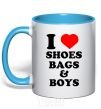 Mug with a colored handle I LOVE SHOES, BAGS & BOYS sky-blue фото