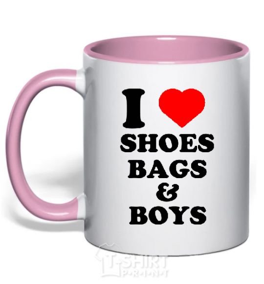 Mug with a colored handle I LOVE SHOES, BAGS & BOYS light-pink фото
