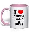 Mug with a colored handle I LOVE SHOES, BAGS & BOYS light-pink фото