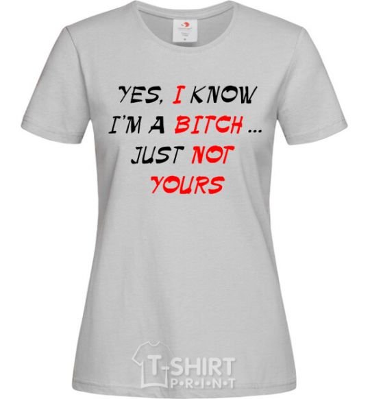 Women's T-shirt YES, I KNOW I'M A BITCH. JUST NOT YOURS grey фото