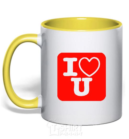 Mug with a colored handle I LOVE U yellow фото