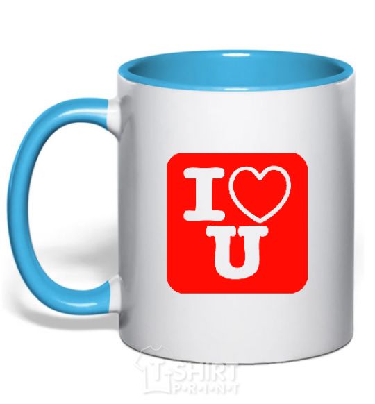 Mug with a colored handle I LOVE U sky-blue фото