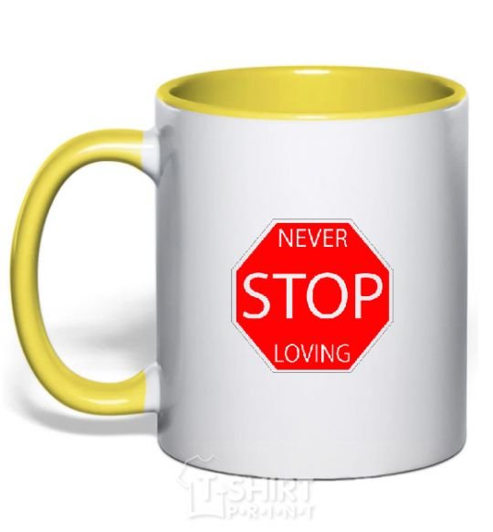 Mug with a colored handle NEVER STOP LOVING yellow фото