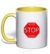 Mug with a colored handle NEVER STOP LOVING yellow фото