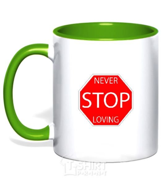 Mug with a colored handle NEVER STOP LOVING kelly-green фото