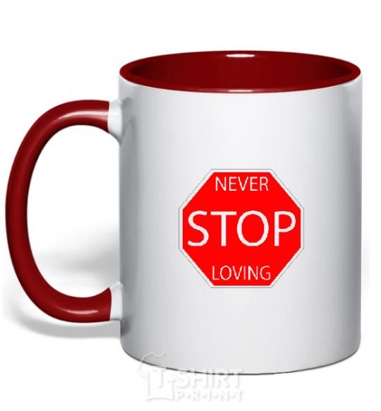 Mug with a colored handle NEVER STOP LOVING red фото