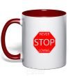 Mug with a colored handle NEVER STOP LOVING red фото