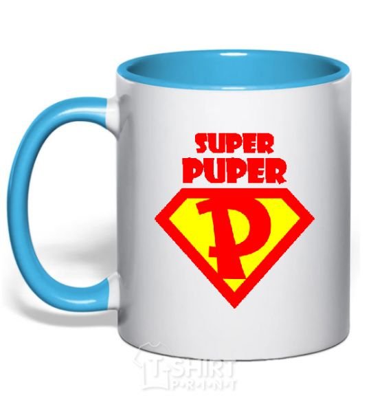 Mug with a colored handle SUPER PUPER sky-blue фото