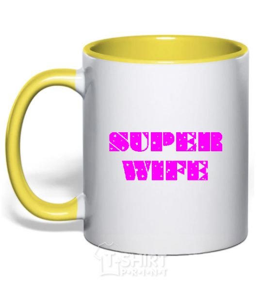 Mug with a colored handle SUPER WIFE yellow фото