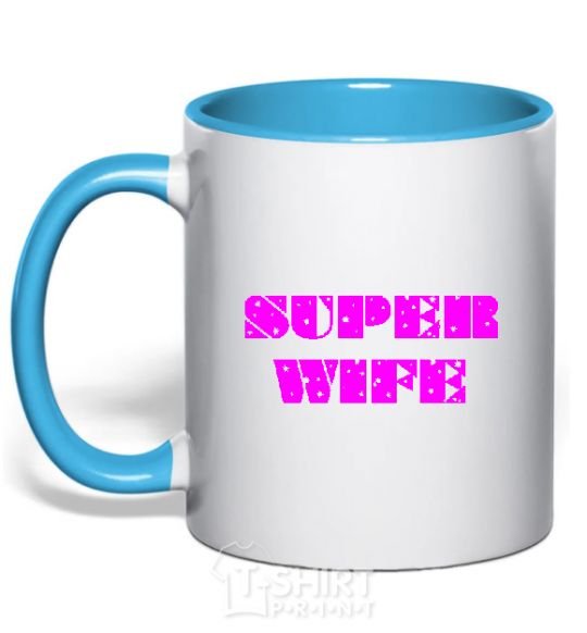 Mug with a colored handle SUPER WIFE sky-blue фото