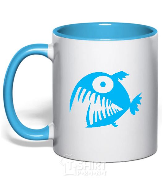 Mug with a colored handle ANGRY FISH sky-blue фото