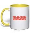 Mug with a colored handle Надпись THE BOSS yellow фото
