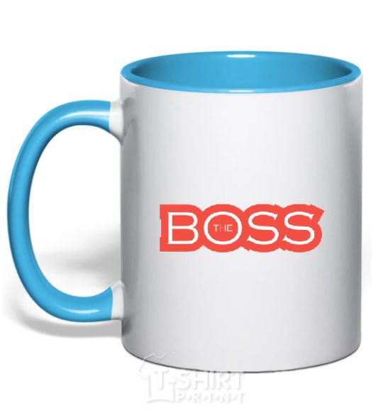 Mug with a colored handle Надпись THE BOSS sky-blue фото