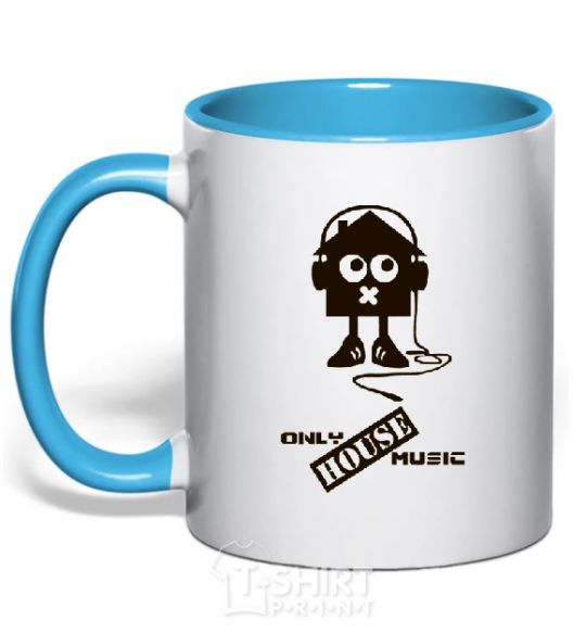 Mug with a colored handle ONLY HOUSE MUSIC sky-blue фото