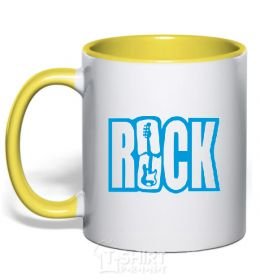 Mug with a colored handle ROCK with a guitar yellow фото