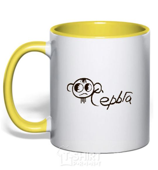 Mug with a colored handle Earring inscription in the ear yellow фото