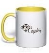 Mug with a colored handle Earring inscription in the ear yellow фото