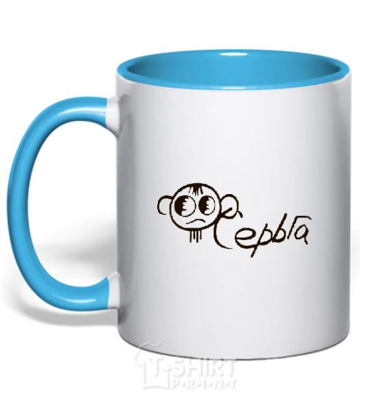 Mug with a colored handle Earring inscription in the ear sky-blue фото