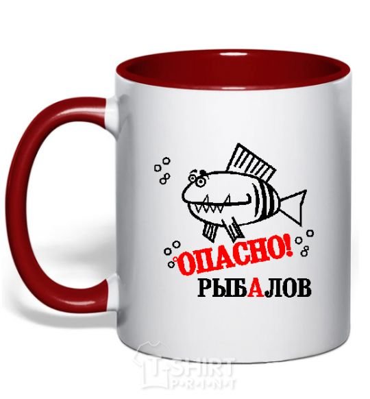 Mug with a colored handle DANGER! FISHMAN red фото