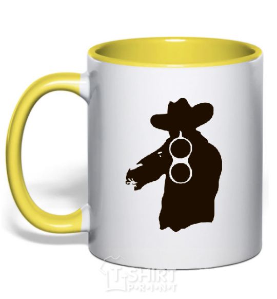 Mug with a colored handle A hunter with a gun yellow фото