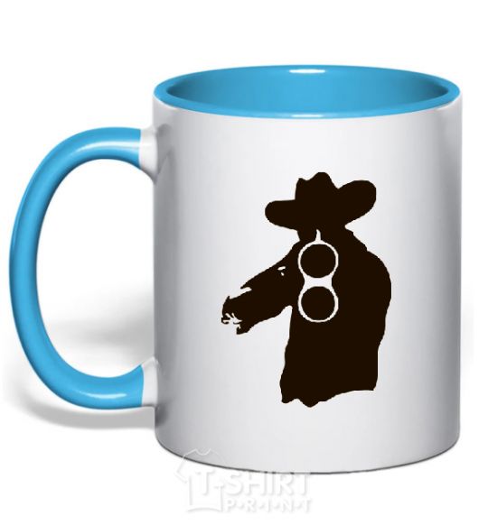 Mug with a colored handle A hunter with a gun sky-blue фото